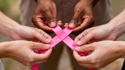 A compassionate display of diverse hands uniting to form a pink ribbon, symbolizing collective support, awareness, and the global fight against breast cancer with a message of hope