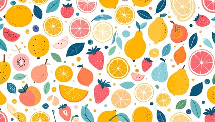 A vibrant and colorful seamless pattern featuring a variety of fresh fruits and berries, including lemons, oranges, strawberries, and pears, set against a clean white background.