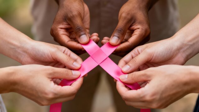 A compassionate display of diverse hands uniting to form a pink ribbon, symbolizing collective support, awareness, and the global fight against breast cancer with a message of hope