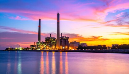Obraz premium Powerful oil refinery and industrial power station chimneys at night with pollution against the sunset sky