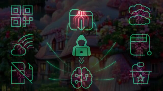 Hacker And dolor Sever A person using a laptop surrounded by digital icons representing technology, innovation, and communication