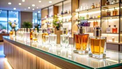 An assortment of luxury perfume bottles made of glass filled with fragrant liquid are lined up on a white surface, reflecting their blue and clear scents