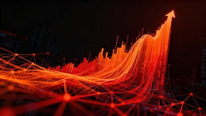 Futuristic digital chart illustrating financial growth and market success with a rising arrow and data network connections