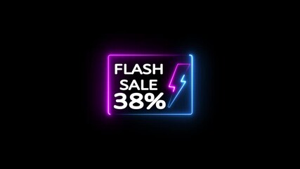 38 Percent Discount Offer. Glowing Neon Flash Sale Promo Animation with Electric Lightning Bolt and 38% Discount Offer ad.