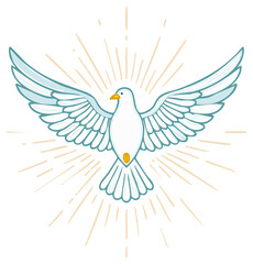 Obraz premium Elegant drawing of a white dove with wings spread and light rays emanating, a symbol of hope, peace, and new beginnings.