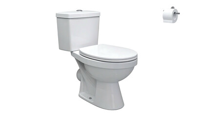 Isolated white porcelain toilet and hanging toilet paper roll against a black background, viewed from a side angle