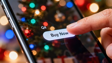 Online Holiday Shopping Buying Now on Smartphone with Christmas Tree Background