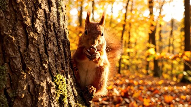 Squirrel Foraging in Autumn Forest - A squirrel sits on a tree trunk, holding an acorn, with a vibrant autumn forest as the background.