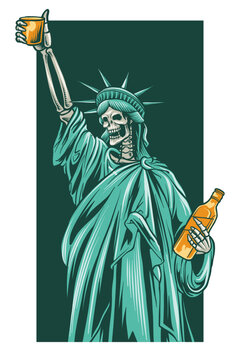 illustration of the Statue of Liberty with a skull carrying a drink