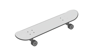 Isometric gray skateboard against a black background; angled view showing wheels and deck detail