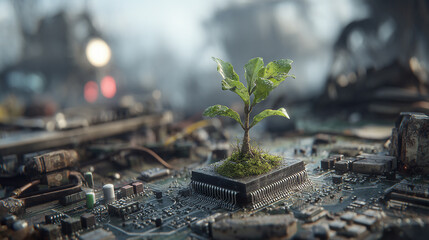 green plant sprouting from a pile of discarded electronic waste, symbolizing nature reclaiming technology and environmental resilience