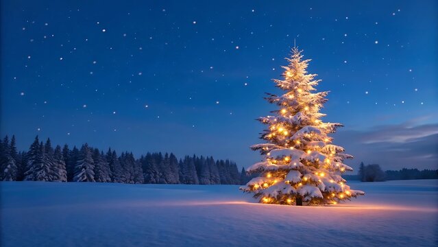 Beautiful christmas tree glowing in snowy winter night  
