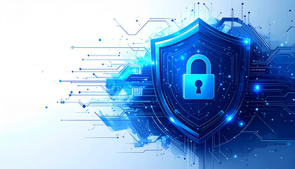 Digital shield with padlock icon and circuit patterns in blue tones. Symbol of cybersecurity, data protection, and secure technology in a modern digital environment.