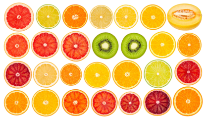 Rows of fruit slices, vibrant hues, displaying circular segments against a black background