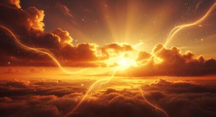 Obraz premium Golden Sunrise Over Clouds with Ethereal Light Streaks.