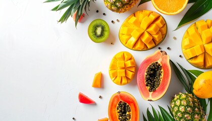 Flat lay of fresh tropical fruits including mango, papaya, pineapple, and kiwi on a white background with copy space.