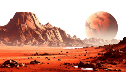 Red, rocky planet with rugged mountains, a dusky orange sky and distant, hazy planet visible in the distance