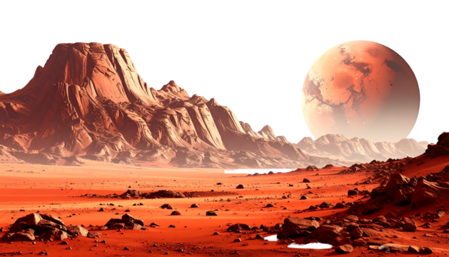 Red, rocky planet with rugged mountains, a dusky orange sky and distant, hazy planet visible in the distance