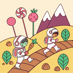 Two Astronauts Explore a Whimsical Candy Landscape