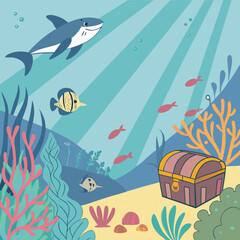 Underwater Scene with Shark Treasure Chest and Colorful Fish