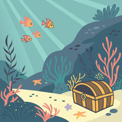 Underwater Scene with Treasure Chest and Colorful Fish