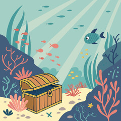 Underwater Treasure Chest Scene with Fish and Coral Reef