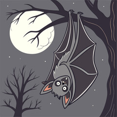 Upside Down Bat Hanging from Tree Branch at Night