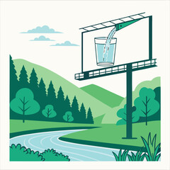 Water Pouring into Glass on a Billboard in a Mountain Landscape