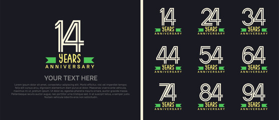 logo anniversary set. white color with green ribbon on black background for special event