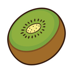 Fototapeta premium A detailed kiwi fruit coloring page featuring the fuzzy brown exterior and vibrant green interior with tiny black seeds, perfect for kids to explore nature and healthy fruits. 