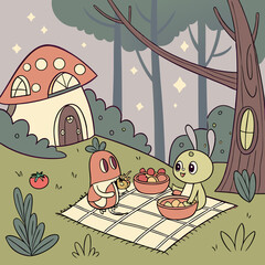 Whimsical Nighttime Picnic: Bunny and Carrot Friends Enjoying Fruits and Vegetables in a Magical Forest