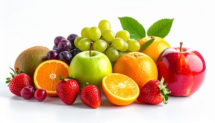 A colorful and fresh assortment of various fruits including apples, oranges, grapes, strawberries, and kiwi on a white background.