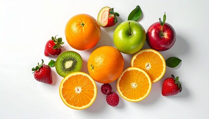 A vibrant assortment of fresh fruits, including oranges, apples, strawberries, and kiwi, arranged on a white surface.