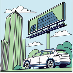 White Car Parked Near Green Building and Solar Panel Billboard