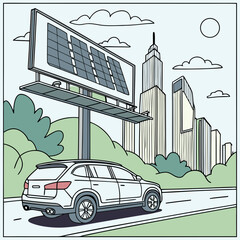 White Suv Drives Past Solar Panel Billboard In Cityscape