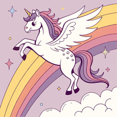 White Unicorn with Wings Soaring Over a Pastel Rainbow