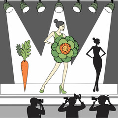 Woman in Cabbage Dress on Fashion Runway