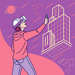 Woman in Vr Headset Interacting with Holographic Building Design