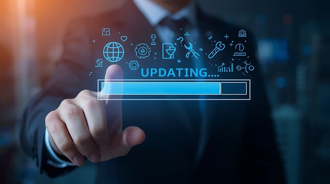 Virtual progress bar on a digital interface with the word “UPDATING...” displayed. Above the bar are technology-related icons, including a globe, gears, shield, tools, and a download symbol.