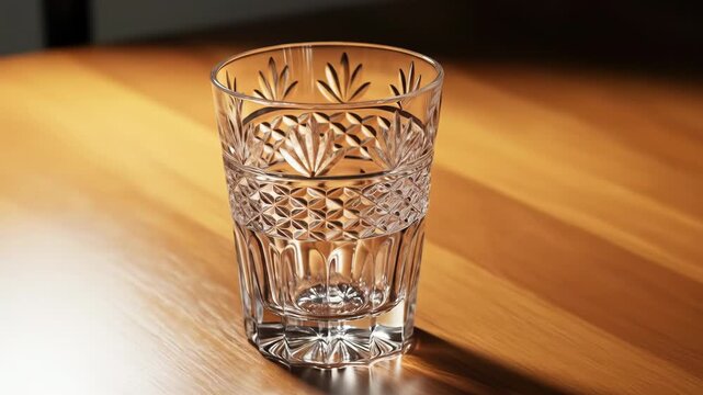 Etched glass cup with diamond & leaf patterns on wood surface; sunlight