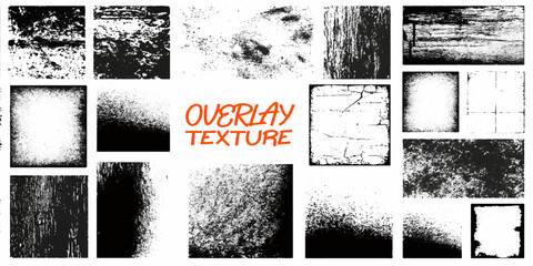 Set of black and white grunge textures with a vintage splatter paint border design illustration