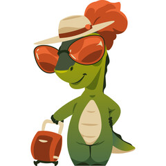 Green cartoon dinosaur character wearing a straw hat and large sunglasses with an orange tuft of hair and carrying a red suitcase on wheels for summer vacation