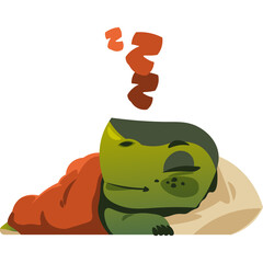 Green cartoon turtle sleeping peacefully under an orange blanket on a light beige pillow with Zzz symbols floating above in orange color on a white background