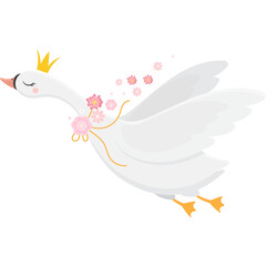 Graceful White Swan Princess Adorned with a Golden Crown and Delicate Pink Flowers Floating Through the Air with Closed Eyes and a Gentle Expression
