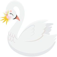 Graceful White Swan Wearing a Golden Crown and Delicate Pink Flowers Elegant Bird Symbolizing Beauty Purity and Royalty in a Transparent Background