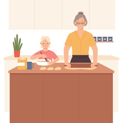 Grandmother and Granddaughter Baking Together in a Cozy Kitchen with Dough and Rolling Pin Activity Family Bonding