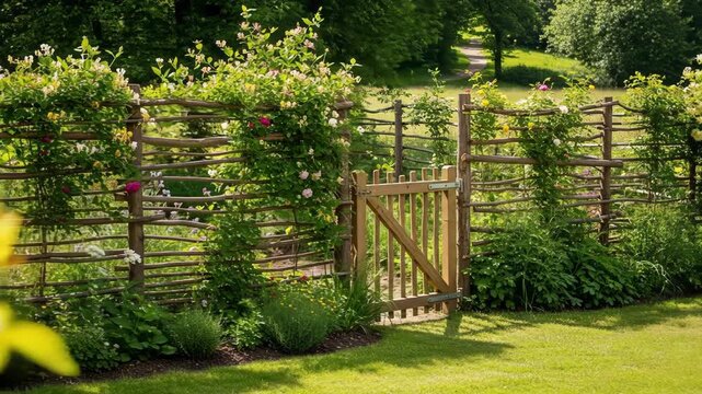 Garden scene with blurred pink flower, wooden fence, and path through trees
