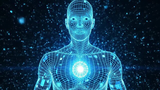 Wireframe Human Energy - An abstract, glowing wireframe human figure stands against a backdrop of deep space. A bright orb of energy emanates from the figure's chest.