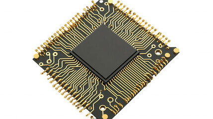 Closeup of a microchip isolated on transparent background for modern technology