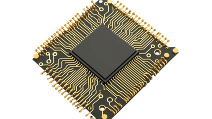 Closeup of a microchip isolated on transparent background for modern technology